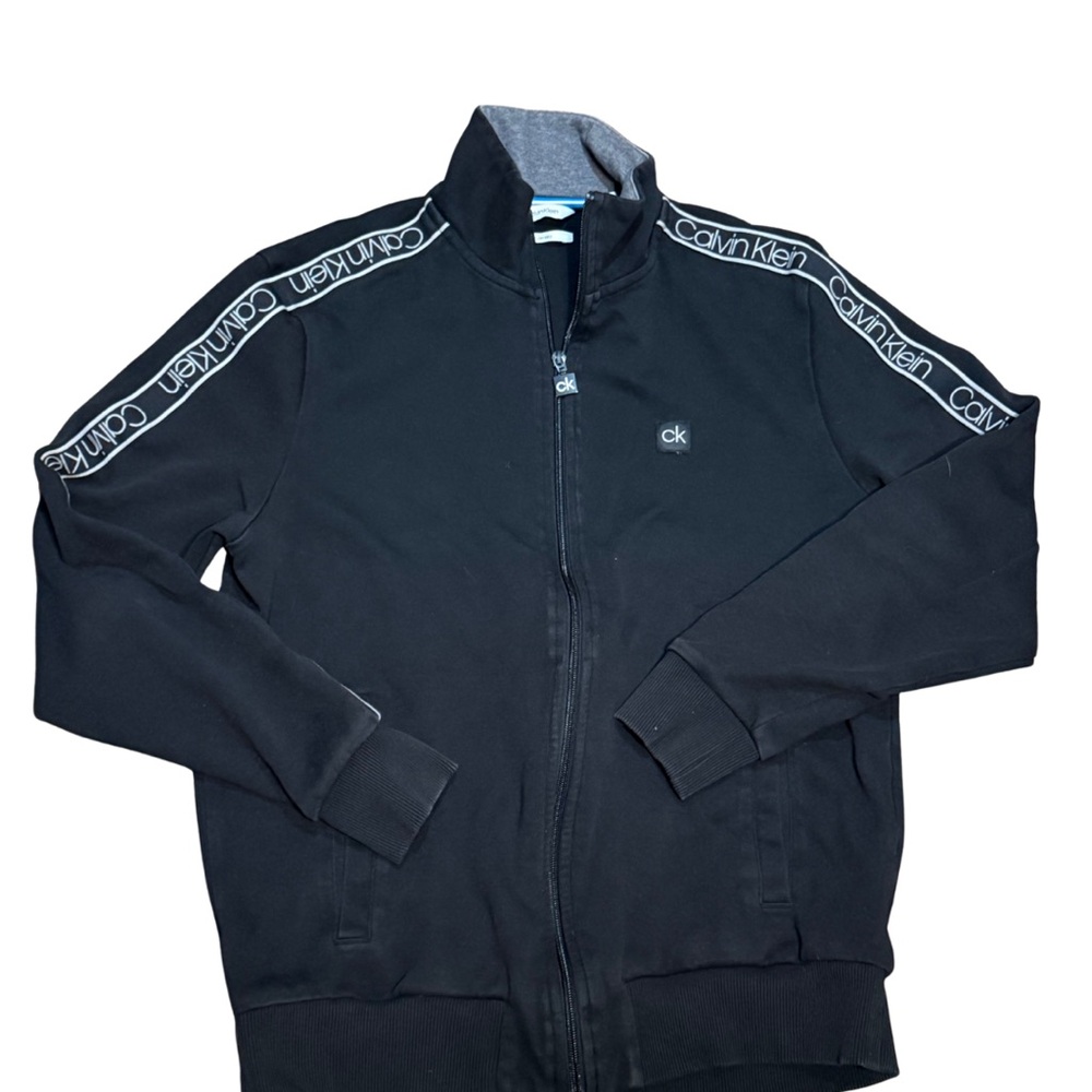Calvin‎ Klein Tech Jersey Track Jacket Black Full Zip Logo Tape M